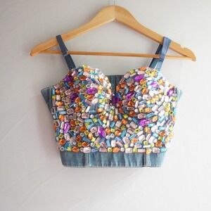 Lydia USA Blue Denim Rhinestone Bustier Crop Top‎ Multi-Color Jewel S Katy Perry